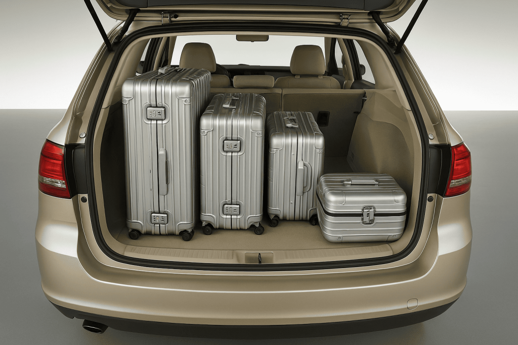 bagagliaio auto aperto con valigie grigie all'interno