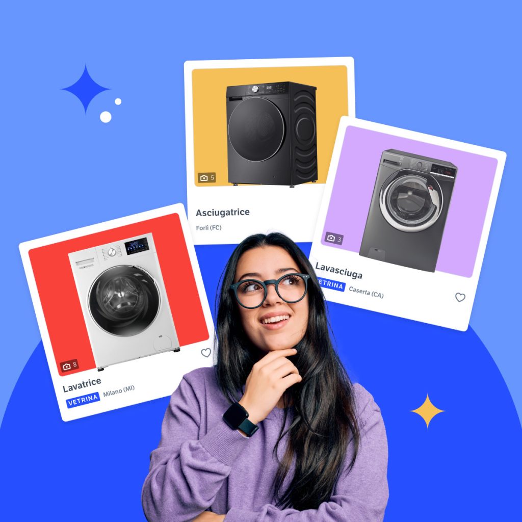 Una ragazza che sceglie tra lavatrice, asciugatrice e lavasciuga