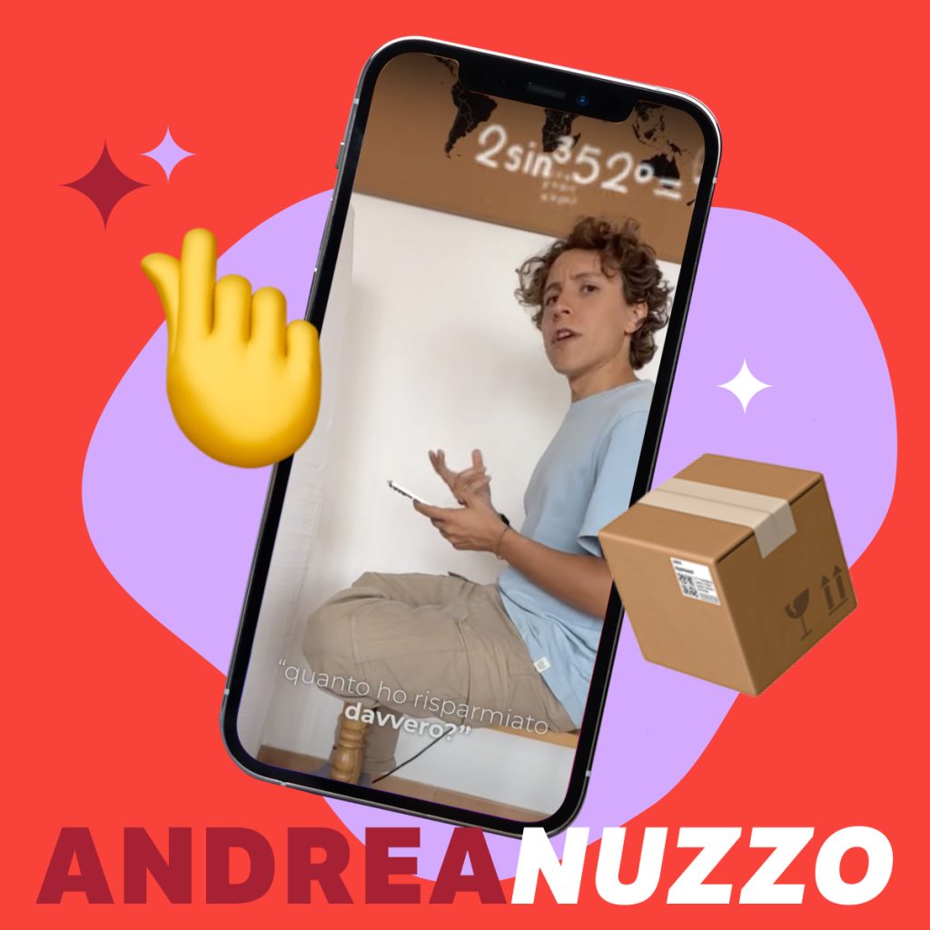Andrea Nuzzo su schermo telefono all'interno di una grafica con i colori di Subito
