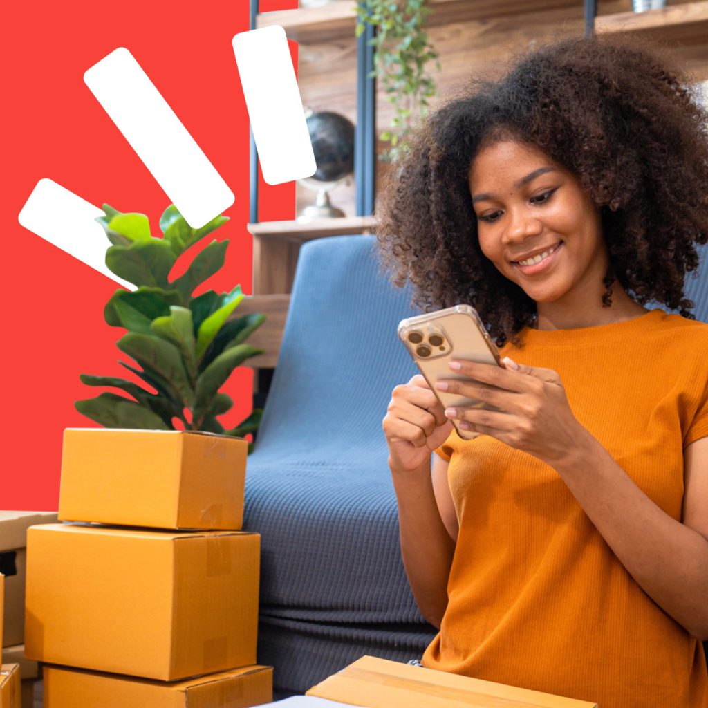 ragazza che guarda telefono con alle spalle il logo di Subito