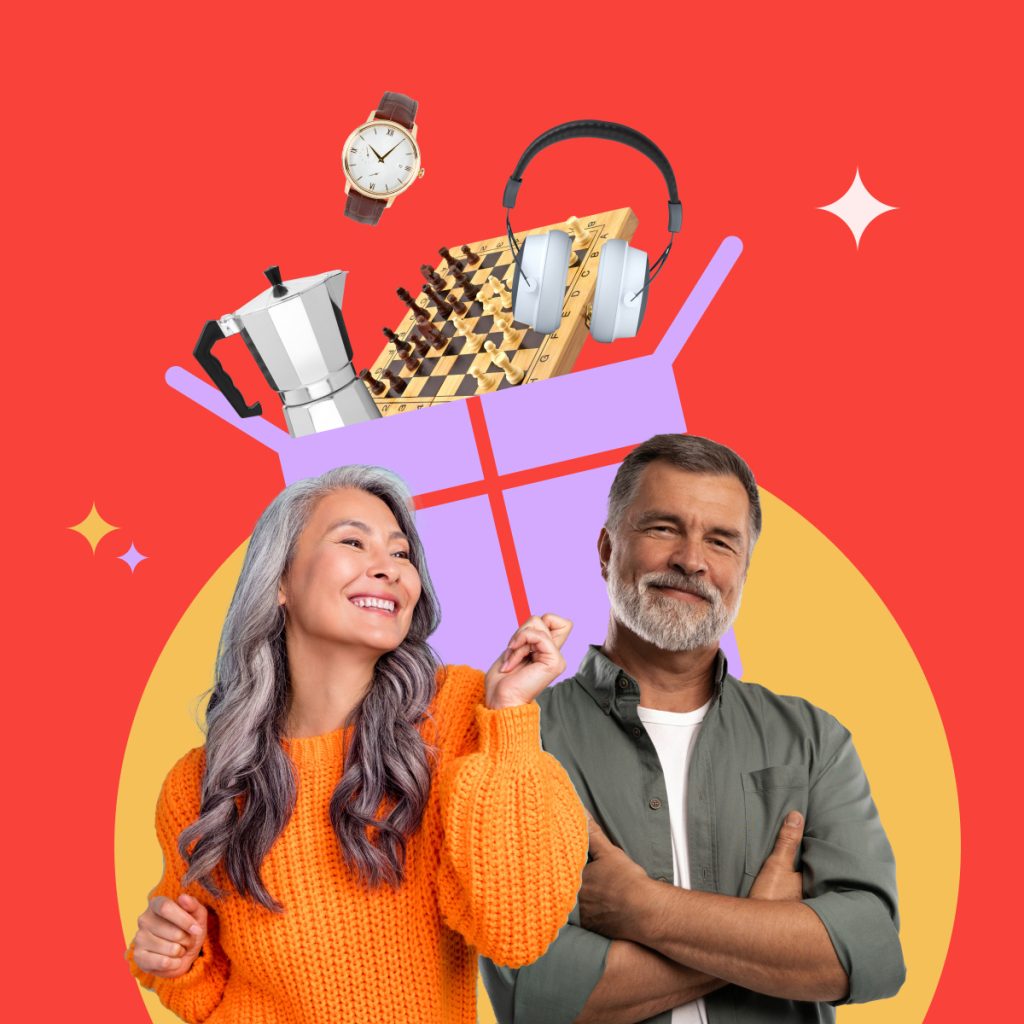 Due giovani nonni con oggetti regalo sullo sfondo