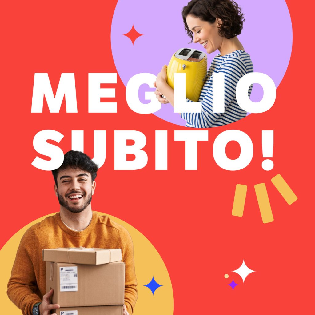 ragazzi che si scambiano pacchetti ed oggetti con la scritta Meglio Subito!