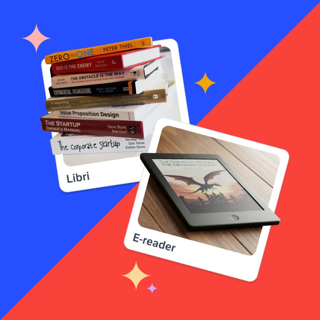 Libri o e-reader su sfondo rosso e blu