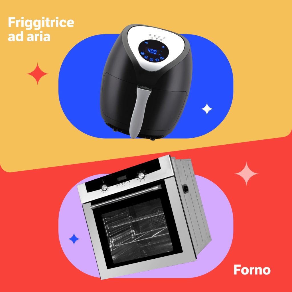 Forno e friggitrice ad aria su sfondo rosso e giallo